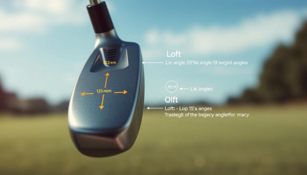 A detailed diagram illustrating golf club lie angles and loft specifications, prominently featuring a high-quality golf club at the center. The foreground displays a close-up view of the club head with clear indicators of the lie angle and loft measurements, using distinct lines and labeled angles. In the middle ground, include simple, concise arrows demonstrating how the angles affect the club's trajectory and performance. The background should be softly blurred, featuring a golf course setting with a serene blue sky, adding depth and context. Use soft, natural lighting to enhance clarity and ensure the diagram’s technical details are easily readable. The overall atmosphere should be informative and educational, suitable for an expert audience.