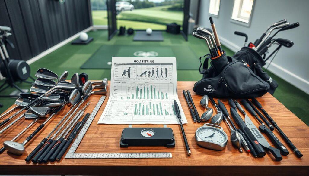 A neatly organized golf fitting preparation setup on a wooden table. In the foreground, a variety of golf clubs of different sizes, including drivers and putters, are arranged alongside measuring tools like a club length ruler and an adjustable weight scale. The middle ground features a professional golf fitting chart, detailing adjustments for swing mechanics. A golf bag sits nearby, filled with additional clubs and accessories. The background shows a bright, well-lit golf studio with green turf, golf balls, and an adjustable swing analyzer. Soft, natural lighting highlights the setup, creating an inviting atmosphere. Overall, the scene conveys a sense of professionalism and readiness for a personalized golf fitting experience.