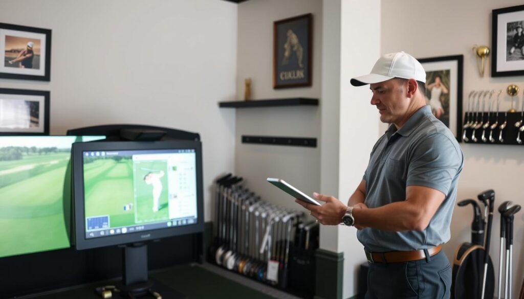 A professional golf club fitting process scene featuring a golf instructor and a customer engaged in a pre-fitting interview. The instructor, dressed in smart business attire, is analyzing swing mechanics on a tablet, while the customer, in modest golf attire, appears attentive and eager to learn. The foreground showcases a golf simulator with data displayed on a screen, illustrating swing metrics. In the middle, a well-lit fitting room is filled with various golf clubs and equipment, emphasizing a personalized fitting experience. The background features golf-related decor, such as framed pictures of golf courses and trophies, creating an inviting atmosphere. Soft, natural lighting enhances the professionalism of the scene, captured from a slightly elevated angle that allows for a comprehensive view of both subjects and their interaction. The mood conveys excitement and anticipation for the fitting journey ahead.