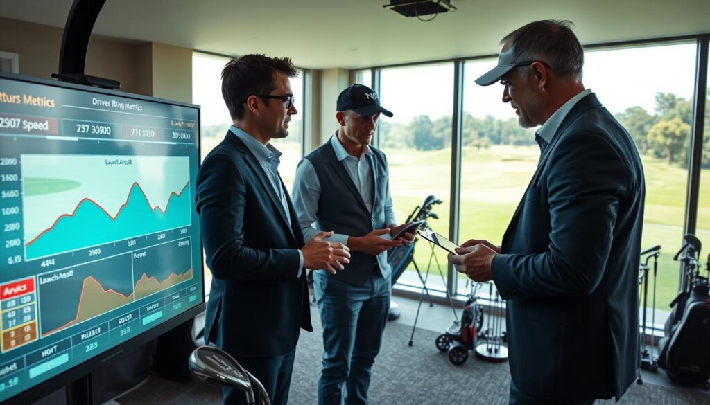 A professional setting with a golf simulator where a golfer in smart casual attire analyzes driver fitting metrics. In the foreground, a digital dashboard displays graphs indicating key metrics: launch angle, spin rate, and ball speed. The middle ground features the golfer engaging with a coach, both focused on the data, surrounded by golf clubs and high-tech equipment. The background showcases an elegant golf course view through a large window, illuminated by natural light. A sense of concentration and enthusiasm fills the atmosphere as they strive for better performance. The scene is captured with a soft-focus lens effect, enhancing the technical details of the metrics while keeping the human interaction as the focal point.