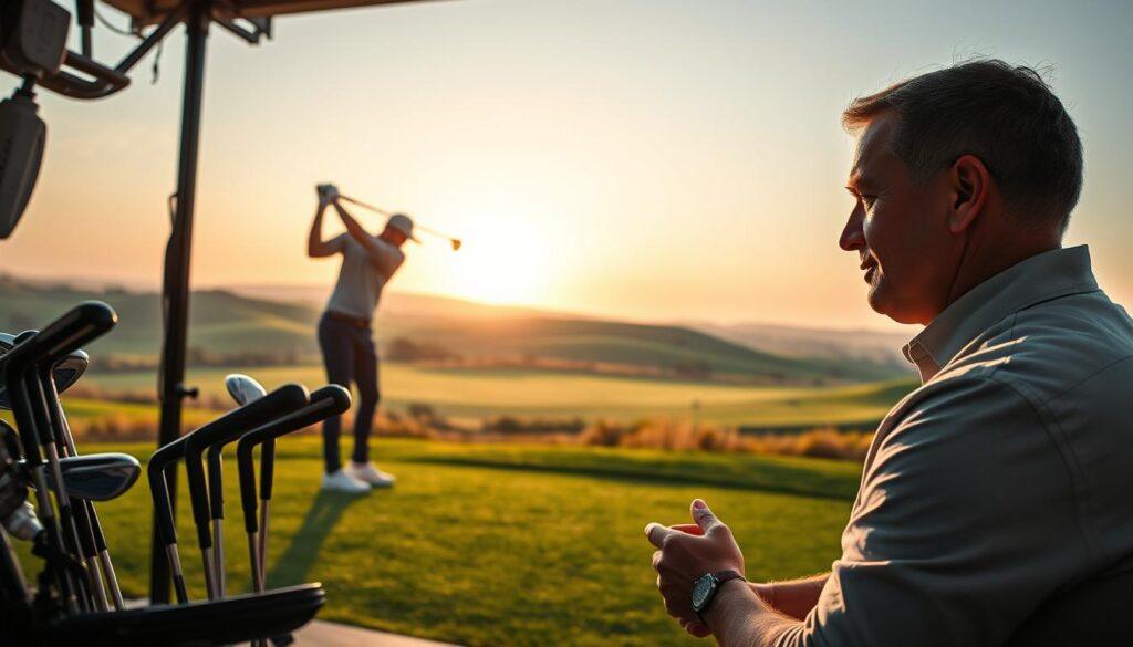 A serene golf course at dawn, showcasing a golfer in professional attire, intensely focused while being fitted for custom clubs. In the foreground, a state-of-the-art fitting area with various golf clubs and high-tech equipment, capturing the importance of precision in clubfitting. The middle ground features the golfer swinging, demonstrating the benefits of a tailored fit, with a golf ball soaring towards the sunrise. In the background, rolling green hills under a pale blue sky, evoking a sense of calm and focus. Soft, natural lighting enhances the scene, casting gentle shadows that highlight the golfer's determined expression. The atmosphere is one of anticipation and professional dedication, emphasizing the connection between proper fitting and lower scores on the course.