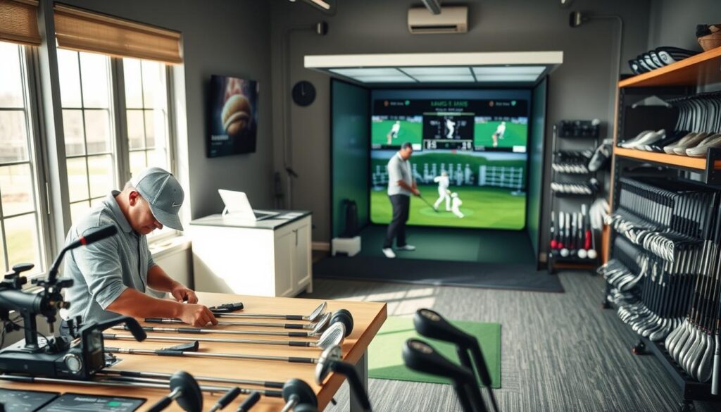 A well-designed golf club fitting studio in Southeastern Pennsylvania, featuring advanced club-fitting technology and professional equipment. In the foreground, a golfer in smart casual attire is closely examining golf clubs on a workbench, surrounded by tools like launch monitors and adjustable clubheads. The middle ground displays a high-tech fitting simulator with screens showing swing data and club specifications. The background features neatly organized racks of golf clubs and pristine accessories. Soft, natural lighting pours in from large windows, creating an inviting and focused atmosphere. Capture from a slightly elevated angle to emphasize the interaction and technology within the space, highlighting the essence of local expertise in golf club fitting. A well-designed golf club fitting studio in Southeastern Pennsylvania, featuring advanced club-fitting technology and professional equipment. In the foreground, a golfer in smart casual attire is closely examining golf clubs on a workbench, surrounded by tools like launch monitors and adjustable clubheads. The middle ground displays a high-tech fitting simulator with screens showing swing data and club specifications. The background features neatly organized racks of golf clubs and pristine accessories. Soft, natural lighting pours in from large windows, creating an inviting and focused atmosphere. Capture from a slightly elevated angle to emphasize the interaction and technology within the space, highlighting the essence of local expertise in golf club fitting.