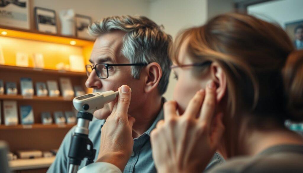 A close-up view of a hearing specialist adjusting a modern hearing aid on a patient's ear, capturing the moment of fine-tuning. The foreground features detailed tools such as an otoscope and a digital adjustment device. In the middle ground, the patient, a middle-aged person in modest casual clothing, appears attentive and engaged, reflecting a sense of trust and collaboration. The background reveals a softly lit, professional clinic setting with shelves displaying various hearing aids and informational brochures. The warm lighting creates a welcoming atmosphere, highlighting the attentive interaction between the specialist and the patient. The shot is taken from a slightly elevated angle, emphasizing the precision and care involved in hearing aid adjustments.
