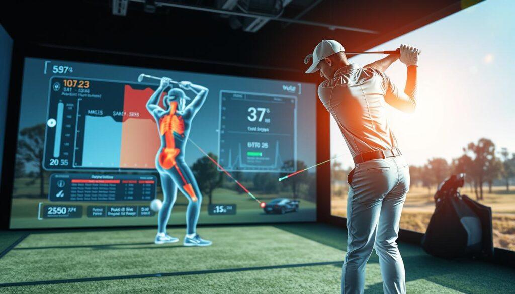 A dynamic biomechanical analysis of a golf swing, showcasing an athlete in professional golf attire performing a swing. The athlete, male or female, should be positioned in the foreground, emphasizing their posture and technique with detailed anatomical overlays indicating joint angles and force vectors. In the middle ground, a high-tech golf simulator or analysis screen displays metrics such as swing speed and angles. The background features a golf course with a bright, sunny day and scattered trees, creating a serene atmosphere. The lighting is bright and even, evoking clarity and focus, with a slight lens flair to emphasize the advanced technology. The overall mood should be inspiring and informative, highlighting the importance of biomechanics in golf performance, particularly in relation to age and injury recovery.