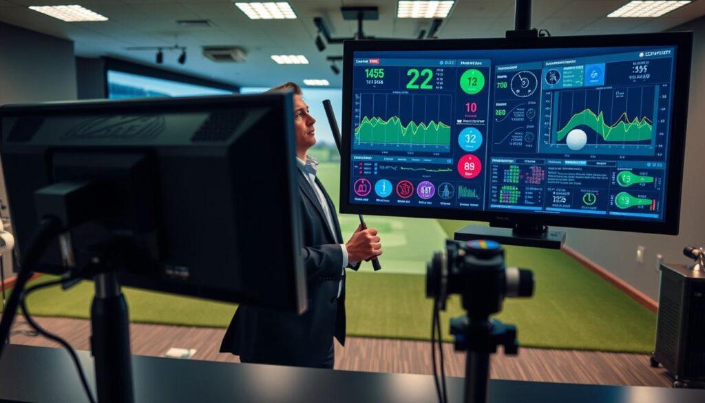 A golf launch monitor setup prominently displayed in the foreground, showcasing a detailed screen filled with colorful data graphs, swing speed metrics, and ball flight paths. In the middle, a focused golfer in professional business attire analyzes the data, holding a golf club, appearing engaged yet contemplative. Soft, ambient lighting highlights the high-tech equipment, casting gentle reflections on sleek surfaces. In the background, an indoor golf simulator with realistic visuals of a golf course can be seen, enhancing the atmosphere of a training facility. The mood is one of education and discovery, emphasizing clarity and focus for understanding the true insights of golf data. The angle should capture both the monitor and the golfer, creating an immersive view of the analysis process.