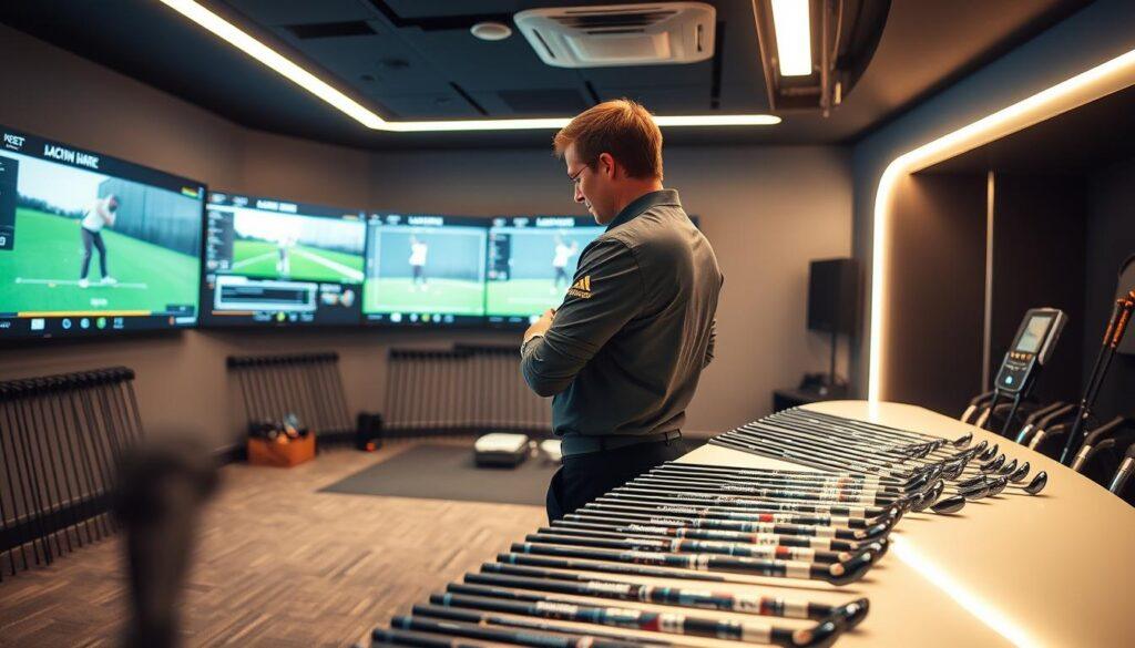 A modern golf studio fitting room, showcasing a professional golf fitting setup. In the foreground, a fitting technician in smart casual attire carefully measures a golfer’s shaft flex and weight specifications using advanced tools and equipment. The middle ground features various golf club shafts displayed on a sleek countertop, highlighting different profiles and weights. In the background, bright LED lighting creates a vibrant atmosphere, illuminating a wall of high-tech launch monitors and graphics of swing analysis. The overall mood is focused and professional, emphasizing precision and tailored fitting experiences. The setting is well-organized, exuding a sense of expertise in the art of golf shaft fitting.
