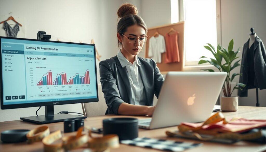 A modern workspace featuring a stylish, professional woman seated at a clutter-free desk, reviewing a visually engaging clothing fit progress tracker on her laptop. In the foreground, tools for adjustment like measuring tape and fabric swatches are neatly arranged. The middle ground reveals a large monitor displaying a detailed graph of fit measurements and notes. The background features soft, natural light streaming through a window, illuminating a simple plant and a mood board showcasing clothing designs. Use a shallow depth of field to blur the background slightly, drawing attention to the focused expression of the woman. The atmosphere is one of determination and professionalism, reflecting the theme of monitoring progress in clothing fit adjustments. A modern workspace featuring a stylish, professional woman seated at a clutter-free desk, reviewing a visually engaging clothing fit progress tracker on her laptop. In the foreground, tools for adjustment like measuring tape and fabric swatches are neatly arranged. The middle ground reveals a large monitor displaying a detailed graph of fit measurements and notes. The background features soft, natural light streaming through a window, illuminating a simple plant and a mood board showcasing clothing designs. Use a shallow depth of field to blur the background slightly, drawing attention to the focused expression of the woman. The atmosphere is one of determination and professionalism, reflecting the theme of monitoring progress in clothing fit adjustments.