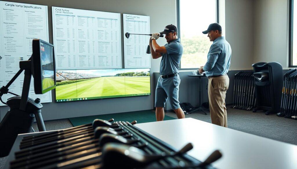 A professional golf club fitting studio scene, focusing on a golf expert in a smart casual outfit, analyzing a client's swing with a high-tech launch monitor. The foreground features a sleek fitting station with various golf clubs arranged neatly on a table, illustrating the selection process. In the middle, the client, dressed in a modest polo shirt and tailored shorts, takes a practice swing, while the expert offers advice. The background showcases a wall of golf club specifications, illuminated by soft, natural lighting filtering through a large window, creating a welcoming atmosphere that emphasizes expertise and personal attention. The image should convey a sense of professionalism and dedication to improving the golfing experience.
