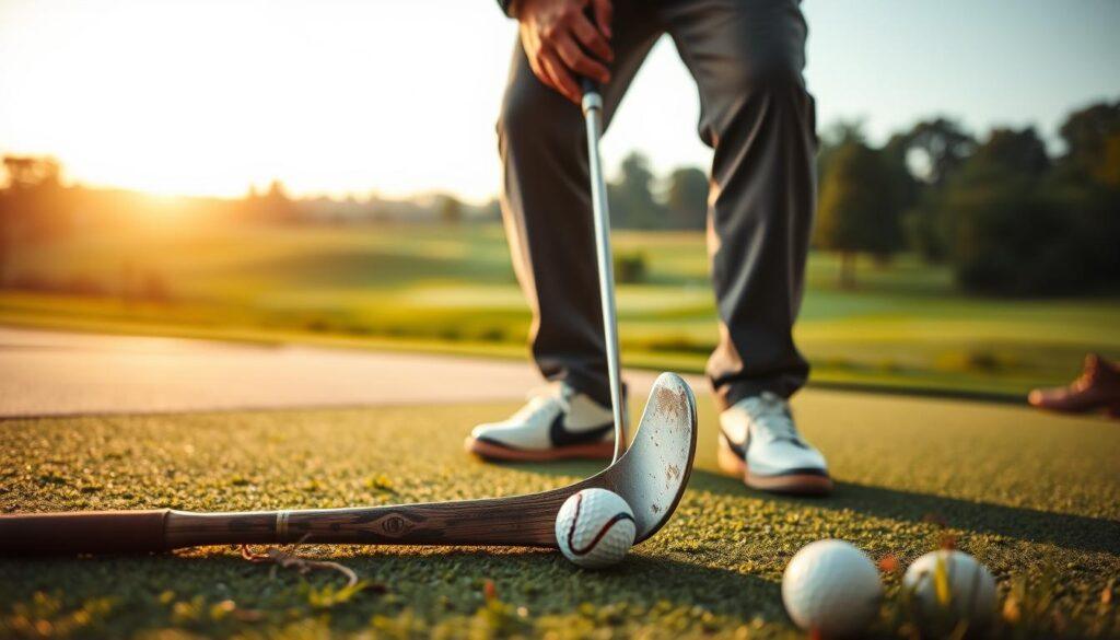 A seasoned male golfer, wearing smart casual golf attire, stands on the driving range, examining his club with a contemplative expression. In the foreground, a weathered golf club rests on the ground beside him, symbolizing years of use and experience. The middle layer shows a lush green landscape with golf balls scattered, hinting at repetitive practice. The background features a soft-focus view of a beautiful golf course under a warm, golden hour light, creating a serene atmosphere. The image captures a sense of reflection on aging, the wear of physical strain, and the importance of maintaining equipment for optimal performance. The angle is slightly low, emphasizing the golfer's thoughtful demeanor, while the lighting casts soft shadows, enhancing the mood of contemplation and purpose.