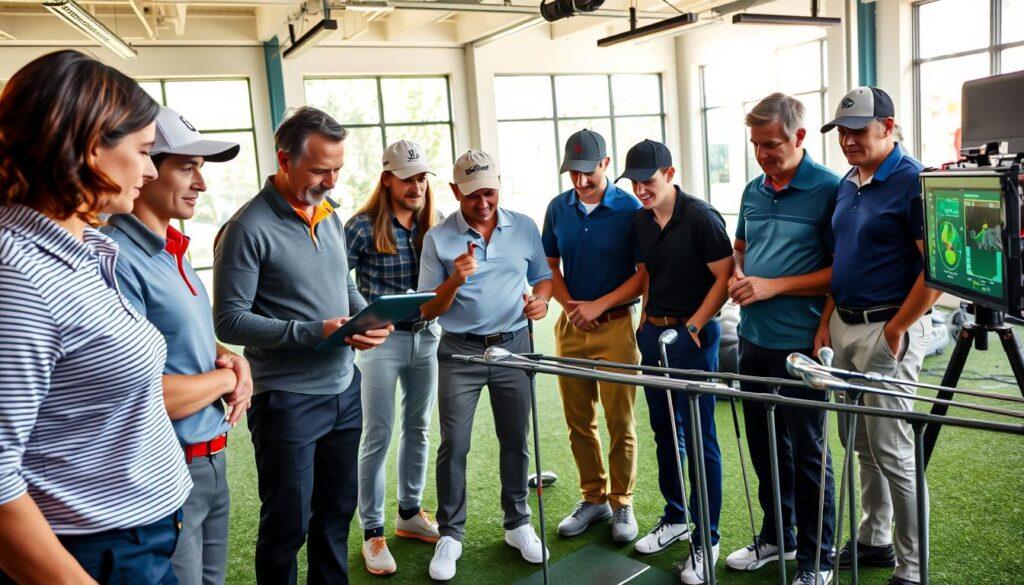 A visually engaging depiction of "golf myths debunked," featuring a modern golf club fitting session in action. In the foreground, a diverse group of golfers, wearing stylish yet professional golf attire, intently observes a clubfitting expert analyzing data on a tablet. The middle ground showcases advanced fitting equipment, including swing analyzers and launch monitors, highlighting various golf clubs being tested. The background presents an open, well-lit indoor golf studio with large windows allowing natural light to fill the space, enhancing the atmosphere of innovation and discovery. The colors should be bright and inviting, radiating a sense of optimism and enlightenment. The angle should capture both the interaction and technology, emphasizing the serious yet friendly mood of the session while ensuring a clean and clutter-free composition. A visually engaging depiction of "golf myths debunked," featuring a modern golf club fitting session in action. In the foreground, a diverse group of golfers, wearing stylish yet professional golf attire, intently observes a clubfitting expert analyzing data on a tablet. The middle ground showcases advanced fitting equipment, including swing analyzers and launch monitors, highlighting various golf clubs being tested. The background presents an open, well-lit indoor golf studio with large windows allowing natural light to fill the space, enhancing the atmosphere of innovation and discovery. The colors should be bright and inviting, radiating a sense of optimism and enlightenment. The angle should capture both the interaction and technology, emphasizing the serious yet friendly mood of the session while ensuring a clean and clutter-free composition.