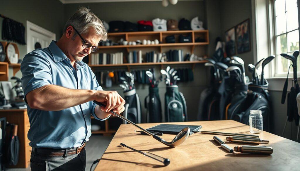 A cozy, well-lit golf studio in Berks County, showcasing an area dedicated to post-sale support. In the foreground, a professional golf technician in smart casual attire carefully adjusts a high-quality golf club on a workbench, displaying attention to detail. The middle ground features a variety of golf equipment, such as bags with clubs, personalized fittings, and tools for tweaks, emphasizing a personalized touch. In the background, shelves are lined with golf accessories, and a window allows natural light to pour in, creating a warm atmosphere. The scene conveys a sense of professionalism, trust, and community-focused service in the local golf industry. The angle captures both the technician's focused work and the inviting environment of the studio, with soft shadows adding depth. A cozy, well-lit golf studio in Berks County, showcasing an area dedicated to post-sale support. In the foreground, a professional golf technician in smart casual attire carefully adjusts a high-quality golf club on a workbench, displaying attention to detail. The middle ground features a variety of golf equipment, such as bags with clubs, personalized fittings, and tools for tweaks, emphasizing a personalized touch. In the background, shelves are lined with golf accessories, and a window allows natural light to pour in, creating a warm atmosphere. The scene conveys a sense of professionalism, trust, and community-focused service in the local golf industry. The angle captures both the technician's focused work and the inviting environment of the studio, with soft shadows adding depth.