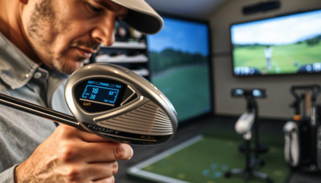 A detailed close-up of a golf driver being fitted, highlighting its loft angle and angle of attack. In the foreground, a professional male golf fitter in modest casual clothing examines the driver with a focus on the clubhead. The club is positioned on a high-tech fitting station with a digital display showcasing parameters like loft, lie angle, and CG (center of gravity). In the middle ground, a modern golf simulator projects a driving range scene, enhancing the technical aspect of driver fitting. The background features soft lighting with a slightly blurred view of golf equipment shelves and fitting tools, creating an atmosphere of professionalism and innovation. The image conveys precision and expertise in the art of golf club fitting.