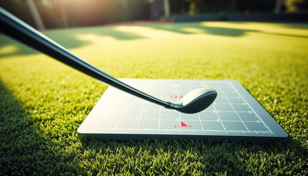 A detailed illustration of dynamic shaft flex fitting data, focusing on golf equipment. In the foreground, a sleek golf club shaft bent in motion, illustrating flex during a swing. The middle ground features a high-tech lie board with precise measurement markers, showcasing the interaction between lie angles and dynamic data. The background should include a lush green turf surface, simulating an outdoor golf course, with soft sunlight filtering through, creating a focused yet serene atmosphere. Use a shallow depth of field for a professional lens effect, emphasizing the club and lie board while gently blurring the turf. The mood is analytical and technical, aiming to reflect precision and innovation in golf fitting. A detailed illustration of dynamic shaft flex fitting data, focusing on golf equipment. In the foreground, a sleek golf club shaft bent in motion, illustrating flex during a swing. The middle ground features a high-tech lie board with precise measurement markers, showcasing the interaction between lie angles and dynamic data. The background should include a lush green turf surface, simulating an outdoor golf course, with soft sunlight filtering through, creating a focused yet serene atmosphere. Use a shallow depth of field for a professional lens effect, emphasizing the club and lie board while gently blurring the turf. The mood is analytical and technical, aiming to reflect precision and innovation in golf fitting.