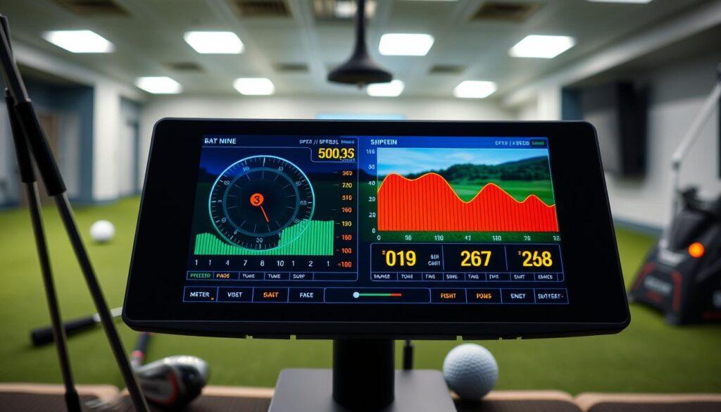 A detailed image of a high-tech launch monitor data screen, prominently displaying speed and spin metrics in vibrant, glowing colors. The screen should feature a realistic user interface with dynamic graphs and numerical values related to ball speed, spin rate, and face angle, all set against a sleek, modern design. In the foreground, include subtle reflections or highlights on the screen to enhance its digital appearance. The middle ground should feature a blurred setting with golf clubs and a golf ball for context, while the background shows a softly lit indoor training environment. Use soft, ambient lighting to create a professional and focused atmosphere, capturing the essence of advanced golf technology.
