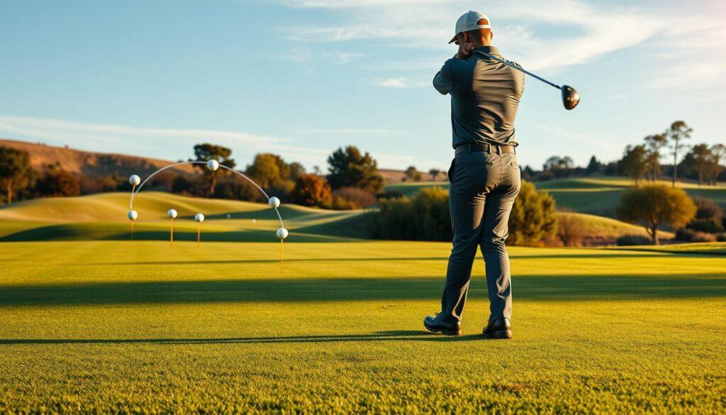 A detailed landscape featuring a golf course green, emphasizing turf interaction and dispersion goals. In the foreground, a professional golfer in business casual attire demonstrates an ideal swing, while focusing on the target window represented by marked flags in the distance. In the middle ground, various trajectories of white golf balls visually arc through the air, illustrating different impact points on the turf, symbolizing dispersion patterns. The background showcases a gently rolling landscape with trees and a blue sky, bathed in warm, late afternoon sunlight casting soft shadows. The angle is slightly elevated, capturing the golfer and the target flags in a dynamic perspective that conveys precision and strategy, creating an atmosphere of focus and professionalism. A detailed landscape featuring a golf course green, emphasizing turf interaction and dispersion goals. In the foreground, a professional golfer in business casual attire demonstrates an ideal swing, while focusing on the target window represented by marked flags in the distance. In the middle ground, various trajectories of white golf balls visually arc through the air, illustrating different impact points on the turf, symbolizing dispersion patterns. The background showcases a gently rolling landscape with trees and a blue sky, bathed in warm, late afternoon sunlight casting soft shadows. The angle is slightly elevated, capturing the golfer and the target flags in a dynamic perspective that conveys precision and strategy, creating an atmosphere of focus and professionalism.