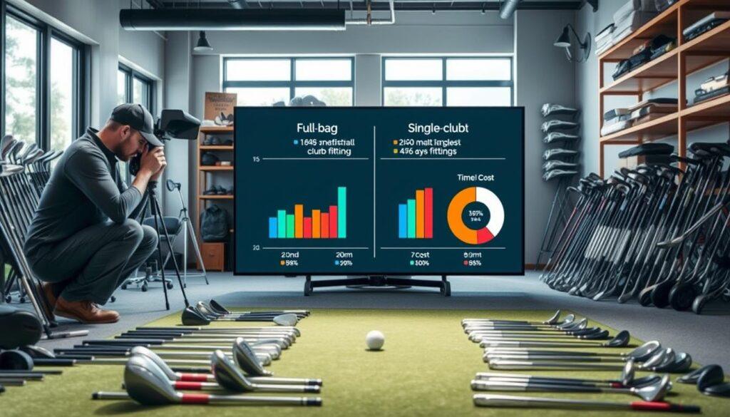 A detailed scene illustrating a golf fitting time and cost analysis. In the foreground, a professional golf club fitter is attentively measuring a golfer's swing with a launch monitor, surrounded by various golf clubs laid out meticulously. In the middle, a large digital screen displays a comparative chart of full-bag versus single-club fittings, with time and cost metrics visually represented through engaging graphs and pie charts. In the background, a well-organized golf fitting studio features shelves stocked with clubs and equipment, brightly lit with natural light pouring in from large windows, creating an inviting atmosphere. The mood is focused and analytical, suggestive of a serious yet approachable consultation environment, ideal for golfers considering their fitting options.