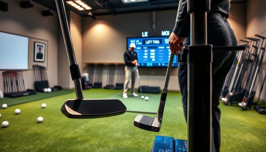 A detailed scene showcasing a putter loft and lie fitting station. In the foreground, a modern putter fitting machine is prominently displayed, with a sleek putter being adjusted by a professional dressed in business casual attire. In the middle ground, a golfer focuses on a large screen displaying data points related to loft, lie, and moment of inertia (MOI). The background features a well-lit fitting studio with green turf flooring, putter racks, and golf balls scattered around, evoking a high-tech atmosphere. Soft, even lighting highlights the precision tools and equipment, creating an atmosphere of professionalism and expertise in putter fitting. The overall mood is focused and productive, emphasizing the importance of roll and green speed in golf.