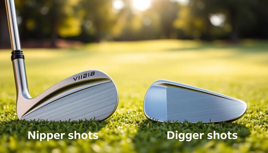 A detailed side-by-side visual comparison of wedge soles, illustrating the grind types for golf clubs. In the foreground, feature two wedges with distinct sole grinds: one designed for nipper shots, showcasing a sharper, narrower sole, and another for digger shots, featuring a wider, more rounded sole. Both wedges should have polished finishes reflecting light. In the middle ground, include a subtle grass surface of a golf green to emphasize the context while maintaining focus on the wedges. The background should be softly blurred to suggest a golfing environment, with gentle sunlight filtering through trees, creating a serene atmosphere. Capture the scene from a slightly elevated angle to highlight the contrasting shapes of the soles effectively, with a warm, inviting light enhancing the textures of the clubs.