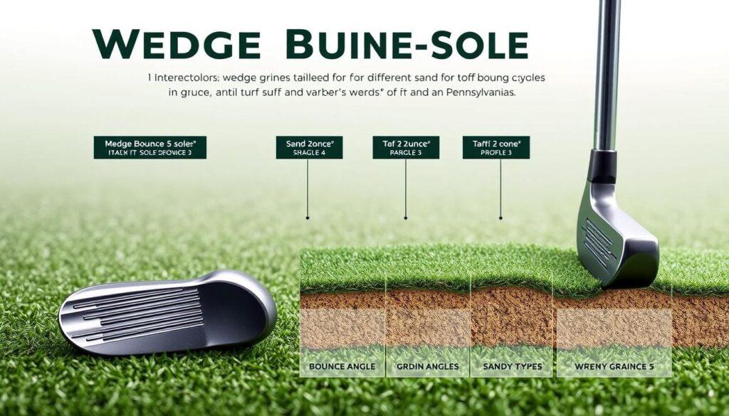 A detailed wedge bounce sole interaction diagram, showcasing various types of wedge grinds tailored for different turf and sand conditions. In the foreground, the diagram displays wedge sole designs with bold labels indicating the bounce angles and grind types. The middle section illustrates cross-sectional views of wedges interacting with different green surfaces, highlighting variations in turf and sand types in Pennsylvania. The background features subtle gradients representing different turf textures and sandy profiles. The image is sharply focused, with soft lighting to enhance the details of the sole interactions. Capture a technical yet clean aesthetic, ensuring clarity and professionalism, suitable for educational purposes.