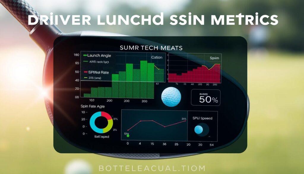 A dynamic visual representation of driver launch and spin metrics, showcasing technical data in a sleek and modern infographic style. In the foreground, a high-tech driver golf club with a carbon fiber texture is prominently displayed, angled slightly to highlight its aerodynamic design. The middle layer features vibrant graphs and charts illustrating key metrics such as launch angle, spin rate, and ball speed, rendered in contrasting colors for clarity. The background is a blurred golf course setting, bathed in natural sunlight, creating a fresh and energetic atmosphere. Soft lens flare effects enhance the visual appeal, while the overall composition conveys precision and professionalism, ideal for an educational context. The image is clean, free from any text or branding, focusing solely on conveying data regarding golf performance metrics.