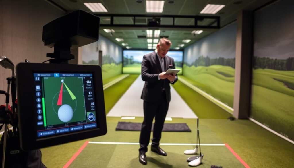A modern golf fitting studio featuring the GCQuad launch monitor prominently in the foreground. The launch monitor displays detailed swing data, surrounded by professional golf equipment like clubs and balls. In the middle ground, a golf professional coaches an athlete, both dressed in smart business attire, analyzing the data on a tablet. The background showcases a well-lit indoor driving range with realistic turf and green barriers. Soft, ambient lighting creates a focused atmosphere, highlighting the advanced technology and serious nature of the dynamic testing. The angle captures the interaction between the coach and athlete, emphasizing precision and professionalism in the fitting process. A modern golf fitting studio featuring the GCQuad launch monitor prominently in the foreground. The launch monitor displays detailed swing data, surrounded by professional golf equipment like clubs and balls. In the middle ground, a golf professional coaches an athlete, both dressed in smart business attire, analyzing the data on a tablet. The background showcases a well-lit indoor driving range with realistic turf and green barriers. Soft, ambient lighting creates a focused atmosphere, highlighting the advanced technology and serious nature of the dynamic testing. The angle captures the interaction between the coach and athlete, emphasizing precision and professionalism in the fitting process.
