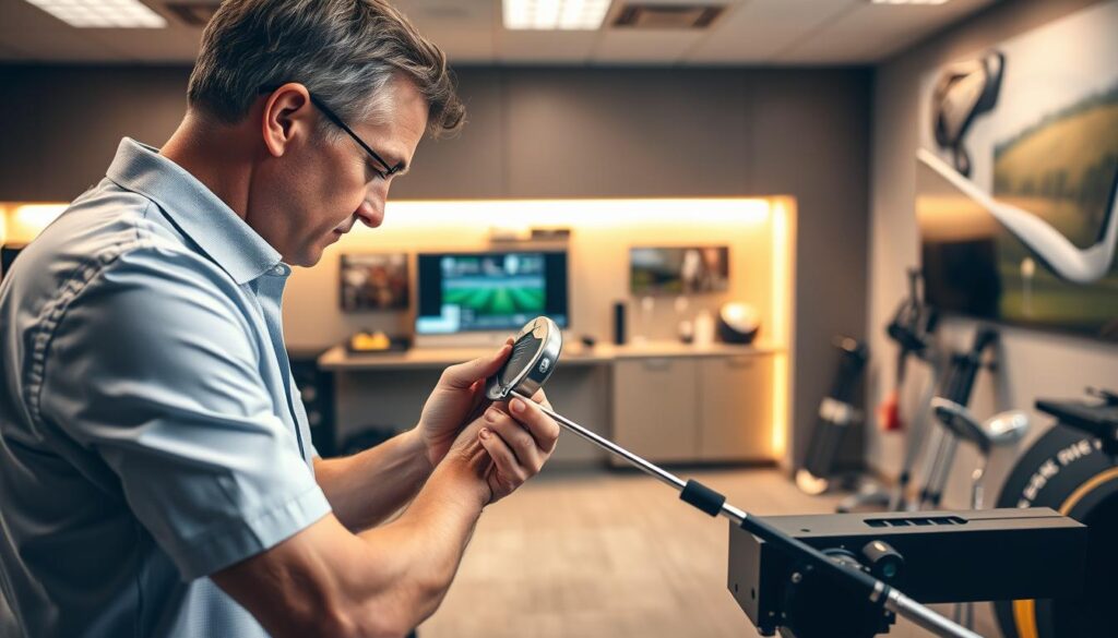 A professional golf club fitting scene showcasing dynamic lie adjustment. In the foreground, a golf club fitter, dressed in smart casual attire, is carefully measuring and adjusting a golf club's lie angle on a state-of-the-art fitting machine, focusing intently on the club head. In the middle ground, a well-lit and organized fitting area displays various tools and equipment like launch monitors, club components, and a measuring tape. Soft, diffused lighting casts a warm glow throughout the space, enhancing the semi-modern atmosphere. The background reveals a wall adorned with golf-related visuals and cabinetry. The overall mood is focused and professional, emphasizing the precision and expertise involved in tuning lie, loft, length, and swing weight for optimal performance. A professional golf club fitting scene showcasing dynamic lie adjustment. In the foreground, a golf club fitter, dressed in smart casual attire, is carefully measuring and adjusting a golf club's lie angle on a state-of-the-art fitting machine, focusing intently on the club head. In the middle ground, a well-lit and organized fitting area displays various tools and equipment like launch monitors, club components, and a measuring tape. Soft, diffused lighting casts a warm glow throughout the space, enhancing the semi-modern atmosphere. The background reveals a wall adorned with golf-related visuals and cabinetry. The overall mood is focused and professional, emphasizing the precision and expertise involved in tuning lie, loft, length, and swing weight for optimal performance.