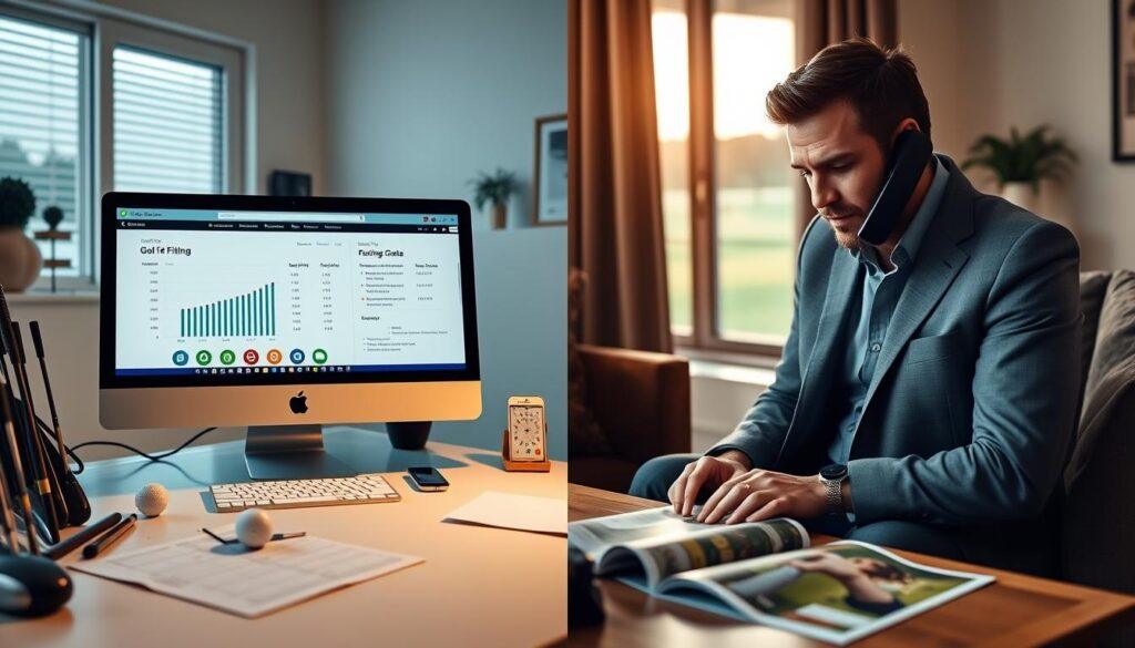 A split-screen composition illustrating "Online vs. Phone Booking for Golf Fitting." On the left, a bright, modern workspace with a computer displaying a user-friendly golf fitting website. The setting should feature a well-organized desk with golf-related items – clubs, a fitting chart, and a golf ball. On the right, a cozy living room scene, where a professional-looking individual in casual business attire talks on the phone, a golf club fitting brochure spread out on the table nearby. Soft, ambient lighting creates a warm atmosphere, emphasizing a sense of accessibility and comfort in both booking methods. The background shows a glimpse of a golf course through a window to suggest the sport's context. A balanced and engaging composition, highlighting the personal touch of phone booking versus the convenience of online booking.