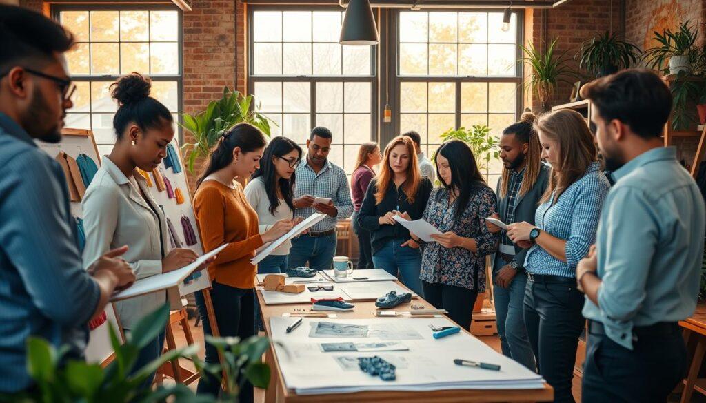 A vibrant local design studio in Chester, Pennsylvania, showcasing a collaborative workspace filled with professional designers engaged in creative discussions. In the foreground, diverse individuals of varying ages and ethnicities are focused on sketching and brainstorming ideas, dressed in smart casual attire. The middle ground features large design boards displaying colorful fabric swatches and innovative prototypes. The background showcases large windows letting in warm, natural light, creating a cozy yet professional atmosphere. Add elements of greenery, such as potted plants, to enhance the inviting and collaborative environment. Use a slightly elevated angle to capture the energy of the workspace, with soft focus on those engaged in meaningful conversation. Aim for a warm, inspiring mood that reflects the essence of community and local craftsmanship. A vibrant local design studio in Chester, Pennsylvania, showcasing a collaborative workspace filled with professional designers engaged in creative discussions. In the foreground, diverse individuals of varying ages and ethnicities are focused on sketching and brainstorming ideas, dressed in smart casual attire. The middle ground features large design boards displaying colorful fabric swatches and innovative prototypes. The background showcases large windows letting in warm, natural light, creating a cozy yet professional atmosphere. Add elements of greenery, such as potted plants, to enhance the inviting and collaborative environment. Use a slightly elevated angle to capture the energy of the workspace, with soft focus on those engaged in meaningful conversation. Aim for a warm, inspiring mood that reflects the essence of community and local craftsmanship.