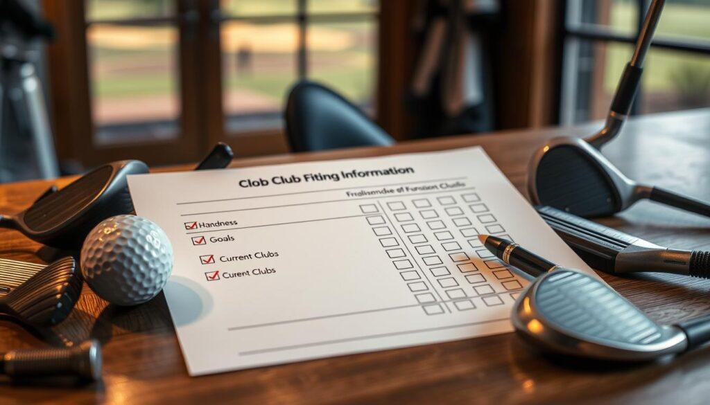 A well-organized golf club fitting information checklist displayed on a wooden table. The checklist includes sections for "Handedness," "Goals," and "Current Clubs," with checkboxes next to each item. Surrounding the checklist are various golf accessories, like a golf ball, a driver, and a putter, creating an inviting atmosphere. The lighting is warm and soft, illuminating the checklist while casting gentle shadows to enhance depth. In the background, a blurred view of a golf course can be seen through a window, adding to the context. The scene conveys a sense of professionalism and focus, perfect for a custom club fitting experience. No human subjects are present, ensuring a clean, informative representation.