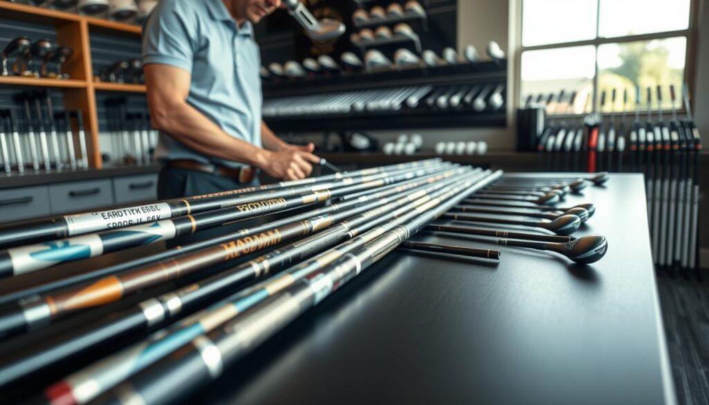 A close-up of a golf club fitting station highlighting premium golf shafts and fitting equipment. In the foreground, intricately designed golf shafts, with varying finishes and materials, are displayed on a sleek black countertop, reflecting light subtly to emphasize their quality. In the middle ground, a professional golf technician, dressed in a smart polo shirt and slacks, examines a customer's current golf shaft using a fitting tool, showcasing a focus on precision. The background features a well-organized workspace adorned with various golf heads and grips. Soft, natural lighting illuminates the scene, creating a focused and professional atmosphere, while a slight depth of field blurs the background elements, drawing more attention to the process of fitting upgrades.