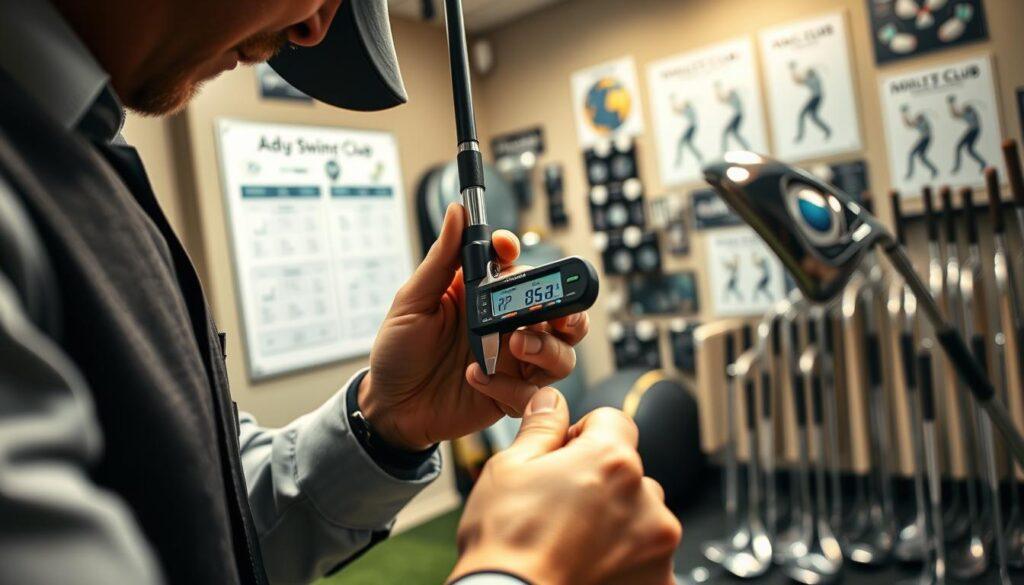 A close-up view of a professional golf club fitting session, featuring a sleek, modern golf club being adjusted by a technician in professional attire, showcasing precision and care. The technician is examining the club's specifications using a digital measuring device, with a focus on the club's shaft and grip. In the background, a well-lit fitting studio is decorated with various golf equipment and charts on adjusting swing mechanics. The atmosphere is focused and attentive, characterized by warm lighting that highlights the shiny surfaces of the clubs. A slight depth of field emphasizes the technician's hands working on the club, portraying the meticulous nature of the break-in period. A close-up view of a professional golf club fitting session, featuring a sleek, modern golf club being adjusted by a technician in professional attire, showcasing precision and care. The technician is examining the club's specifications using a digital measuring device, with a focus on the club's shaft and grip. In the background, a well-lit fitting studio is decorated with various golf equipment and charts on adjusting swing mechanics. The atmosphere is focused and attentive, characterized by warm lighting that highlights the shiny surfaces of the clubs. A slight depth of field emphasizes the technician's hands working on the club, portraying the meticulous nature of the break-in period.