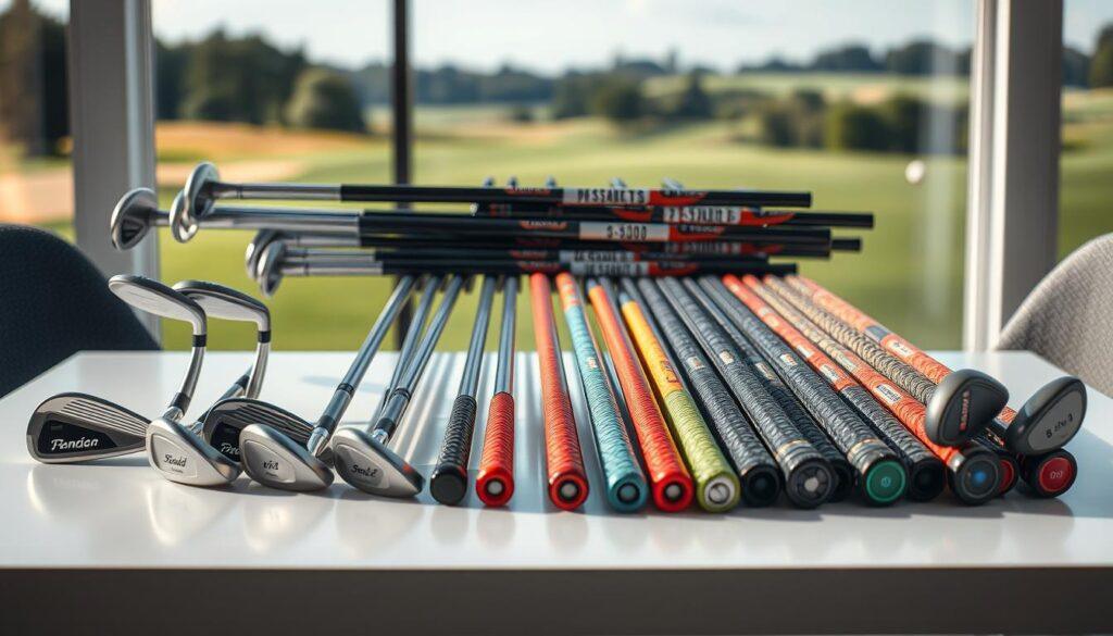 A detailed and organized breakdown of golf club component pricing, featuring three segments: heads, shafts, and grips, laid out prominently on a sleek, modern table. In the foreground, personalized golf club heads of varying styles and price ranges, ranging from basic to premium, are artfully arranged. In the middle, various shafts of different materials, showcasing their price tags with a focus on graphite and steel options, are intermixed with colorful grips that emphasize both texture and affordability. The background features a blurred golf course landscape, creating an atmospheric depth. The lighting is soft and natural, reminiscent of a sunny day on the golf course, highlighting the textures and details of each component. The overall mood is informative and professional, suitable for a business-focused article.