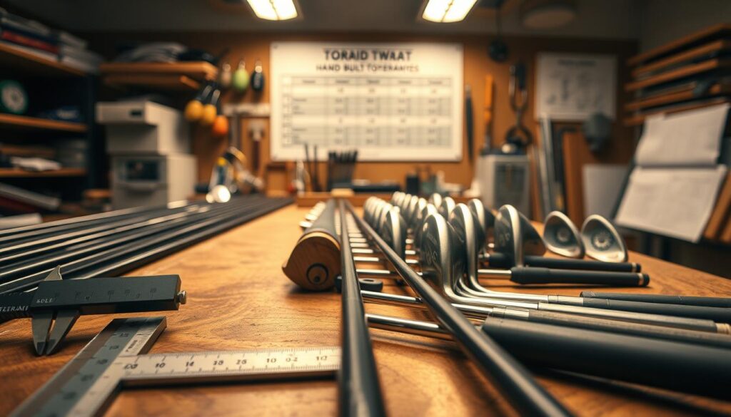 A detailed view of precision tolerances for hand-built golf clubs, featuring a close-up of club components, including shafts, heads, and grips, meticulously arranged on a mahogany workbench. The foreground displays calipers measuring length and loft angles, with small labels indicating tolerances in millimeters. The middle ground reveals a variety of club types—irons, woods, and wedges—each prominently showcasing their lie angles and swing weights. The background features a softly lit workshop filled with tools, blueprints, and a chart displaying tolerance specifications. The atmosphere is professional and focused, illuminated by warm, ambient lighting, casting gentle shadows that enhance the craftsmanship of the clubs. The composition is captured at a slight angle to emphasize the intricate details and precision of the assembly process. A detailed view of precision tolerances for hand-built golf clubs, featuring a close-up of club components, including shafts, heads, and grips, meticulously arranged on a mahogany workbench. The foreground displays calipers measuring length and loft angles, with small labels indicating tolerances in millimeters. The middle ground reveals a variety of club types—irons, woods, and wedges—each prominently showcasing their lie angles and swing weights. The background features a softly lit workshop filled with tools, blueprints, and a chart displaying tolerance specifications. The atmosphere is professional and focused, illuminated by warm, ambient lighting, casting gentle shadows that enhance the craftsmanship of the clubs. The composition is captured at a slight angle to emphasize the intricate details and precision of the assembly process.