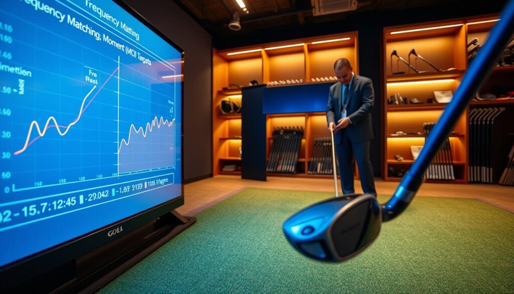 A high-tech golf club fitting studio, showcasing a focus on frequency matching and Moment of Inertia (MOI) targets. In the foreground, a sleek digital screen displays graphs and metrics related to golf club performance, illuminated with soft blue backlighting. The middle ground features a precision golf club being assessed on a sophisticated launch monitor, with a professional in smart business attire examining the data. The background reveals shelves lined with custom golf clubs and equipment, bathed in warm, ambient lighting. The atmosphere is one of meticulous attention to detail and advanced technology, evoking a sense of precision and professionalism in the custom club building process. The angle is slightly low, emphasizing the technological sophistication and inviting a sense of immersion. A high-tech golf club fitting studio, showcasing a focus on frequency matching and Moment of Inertia (MOI) targets. In the foreground, a sleek digital screen displays graphs and metrics related to golf club performance, illuminated with soft blue backlighting. The middle ground features a precision golf club being assessed on a sophisticated launch monitor, with a professional in smart business attire examining the data. The background reveals shelves lined with custom golf clubs and equipment, bathed in warm, ambient lighting. The atmosphere is one of meticulous attention to detail and advanced technology, evoking a sense of precision and professionalism in the custom club building process. The angle is slightly low, emphasizing the technological sophistication and inviting a sense of immersion.