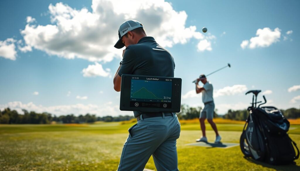 A serene golf course during a sunny day, with a clear blue sky and soft, fluffy clouds in the background. In the foreground, a golfer in professional attire, focusing intently on a launch monitor, which displays metrics on carry and landing data. Nearby, a second golfer tees off, with a golf ball soaring through the air, highlighting the action of capturing fit data on the course. The lush green terrain is dotted with geometric markers indicating measurement zones. Natural light casts gentle shadows, enhancing the lively atmosphere of the scene. The composition is dynamic, showcasing the technology in use while maintaining a focus on the game, all shot from a slightly elevated angle to capture depth and the vast landscape of the course.