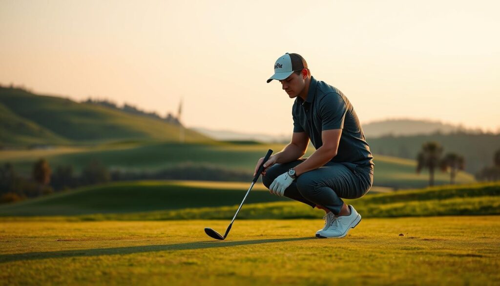 A serene golf course setting at dawn, showcasing a professional golfer in smart casual attire, kneeling beside a golf club as they carefully verify the loft and lie angles against a backdrop of lush green fairways and gentle hills. In the foreground, the golfer’s focused expression highlights the importance of precision and skill. The middle ground features a well-kept tee box and a flag fluttering in the light breeze, capturing the essence of a perfect course environment. The background consists of soft, pastel-colored skies, casting a warm, inviting glow over the landscape. The scene is illuminated by soft morning light, creating a calm and contemplative atmosphere, emphasizing the significance of ensuring accurate equipment adjustments on the course.