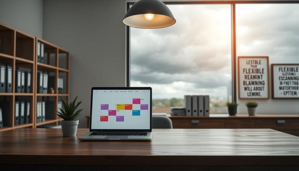 A serene office setting with a large wooden desk in the foreground, featuring a laptop displaying a colorful calendar marked with flexible rescheduling windows. To the side, a small potted plant adds a touch of nature. In the middle ground, a large window reveals a stormy sky outside, with dark clouds and raindrops against the glass, symbolizing weather challenges. Soft, diffused lighting from an overhead lamp illuminates the workspace, creating a calm and professional atmosphere. The background features shelves filled with organizational binders and framed motivational posters about adaptability and planning. The overall mood conveys resilience and the importance of flexibility in scheduling, ideal for a business context.