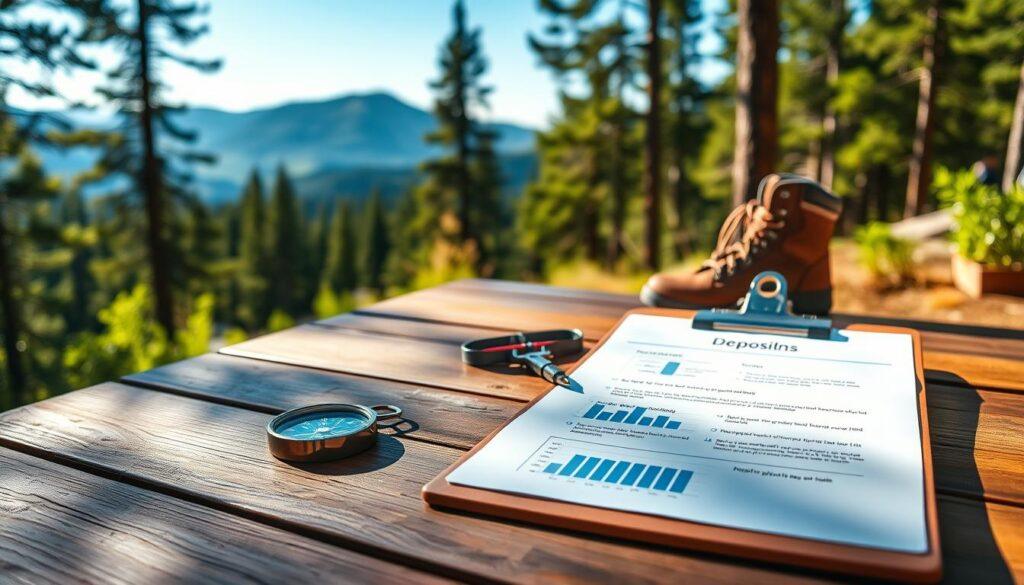 A serene outdoor setting showcasing a wooden picnic table with neatly arranged paperwork, highlighting deposit policies for outdoor adventures. In the foreground, place a clipboard with visually appealing graphs and bullet points about deposits next to a beautiful compass and a pair of hiking boots. The middle ground features a lush forest backdrop with hiking trails, hinting at thrilling outdoor activities. In the background, softly blurred mountains rise under a bright blue sky, conveying a sense of adventure and freedom. Natural sunlight filters through the trees, casting gentle shadows, enriching the colors and creating an inviting atmosphere. The mood is professional yet adventurous, perfectly suited for illustrating deposit policies in outdoor settings.
