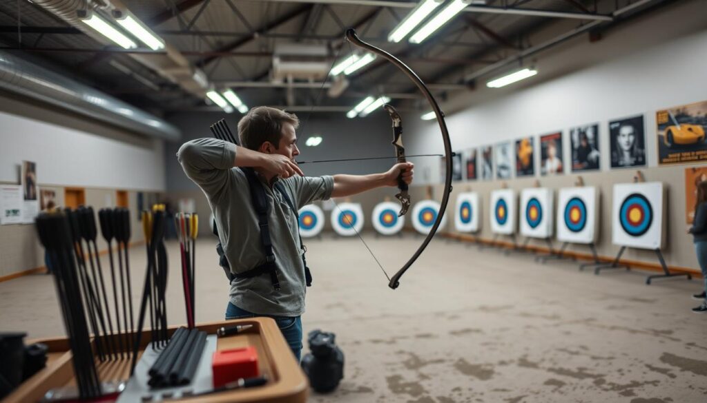A spacious indoor archery range set up for offseason training, featuring a mixture of both indoor and real-ball targets. In the foreground, a focus on a neatly organized archery equipment station, with arrows, a bow, and protective gear displayed. The middle ground showcases an archer in modest casual clothing, carefully aiming a bow with concentration. Behind them, a range of targets arranged at varying distances, illuminated by bright overhead lights that create a dynamic atmosphere. The background includes a wall adorned with archery posters and a few spectators quietly observing. The overall mood is focused and determined, capturing the essence of archer training during the offseason. The camera angle is slightly elevated to encompass both the archer and the targets, showcasing the environment effectively.