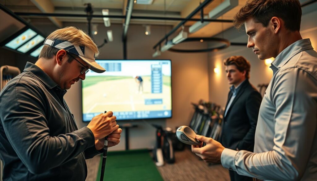 An indoor golf fitting studio, showcasing an expert golf fitter in professional attire, carefully analyzing a golfer's swing using advanced technology. In the foreground, the fitter concentrates on adjusting a custom golf club with precision tools, while a client, dressed in smart casual clothing, observes with keen interest. The middle ground features a high-tech launch monitor displaying data overlays, illuminating the area with soft, focused light. The background is filled with golf simulators, hanging practice nets, and neatly arranged golf equipment, creating a sophisticated and inviting atmosphere. The scene conveys a sense of professionalism and enthusiasm, emphasizing the importance of fitting in the winter season, enhanced by warm, ambient lighting. The angle captures the interaction between the fitter and the client, highlighting the engaging process of dialling in golf clubs.