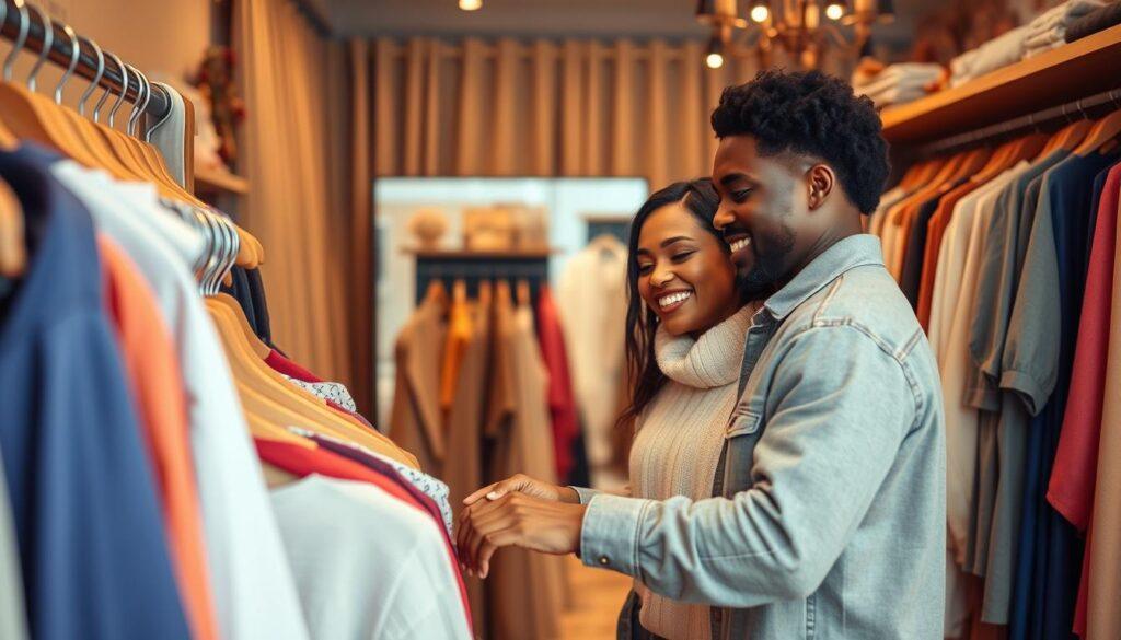 A cozy and inviting boutique fitting room scene featuring a diverse couple joyfully engaging in a fitting session. In the foreground, the couple, dressed in stylish yet modest casual clothing, are selecting outfits from a rack filled with colorful garments. The middle ground includes a large mirror reflecting their smiles, with soft lighting that creates a warm and welcoming atmosphere. In the background, subtle details like soft fabric swatches, fitting room curtains, and decorative elements contribute to a relaxed shopping experience. Use a warm color palette to enhance the feeling of intimacy and connection. The scene should be captured from a slightly elevated angle to encompass the couple and their surroundings, fostering a sense of involvement in this special moment.