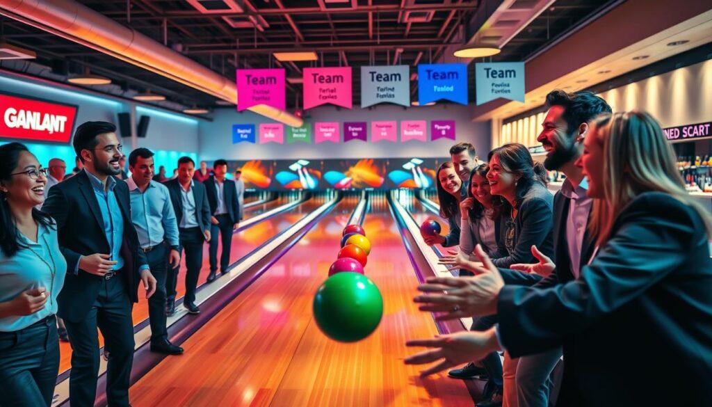 A lively corporate bowling event taking place in a modern bowling alley. In the foreground, a diverse group of professional individuals, dressed in business casual attire, laughing and cheering as they bowl, showing camaraderie. The middle ground reveals colorful bowling lanes, with neon lights reflecting off polished wooden surfaces, and bowling balls in a variety of vibrant colors. In the background, banners showcasing various team names hang from the ceiling, and a snack bar is filled with refreshments, creating a festive atmosphere. The lighting is warm and inviting, with dynamic shadows adding depth. The image captures a mood of excitement and team spirit, perfect for illustrating a corporate team-building event.