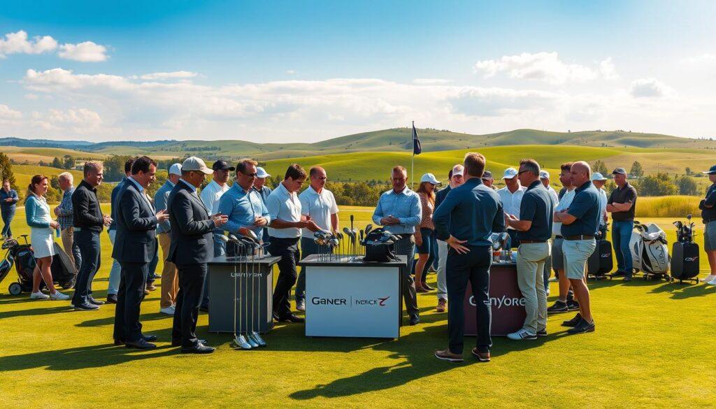 A lively golf demo day event set on a beautifully manicured golf course, showcasing various golf equipment and accessories. In the foreground, a group of professional representatives from original equipment manufacturers (OEMs) is engaging with enthusiastic golfers, demonstrating the latest clubs and technology. The middle ground features a variety of golf gear displayed on tables with branded banners, creating an atmosphere of excitement and innovation. In the background, rolling green hills and a bright blue sky add to the vibrant outdoor setting, while soft sunlight creates warm highlights on the faces of participants. The overall mood is energetic and inviting, encouraging interaction and exploration among attendees, all depicted in professional business attire or modest casual clothing. The scene is captured from a slightly elevated angle, emphasizing the bustling activity. A lively golf demo day event set on a beautifully manicured golf course, showcasing various golf equipment and accessories. In the foreground, a group of professional representatives from original equipment manufacturers (OEMs) is engaging with enthusiastic golfers, demonstrating the latest clubs and technology. The middle ground features a variety of golf gear displayed on tables with branded banners, creating an atmosphere of excitement and innovation. In the background, rolling green hills and a bright blue sky add to the vibrant outdoor setting, while soft sunlight creates warm highlights on the faces of participants. The overall mood is energetic and inviting, encouraging interaction and exploration among attendees, all depicted in professional business attire or modest casual clothing. The scene is captured from a slightly elevated angle, emphasizing the bustling activity.