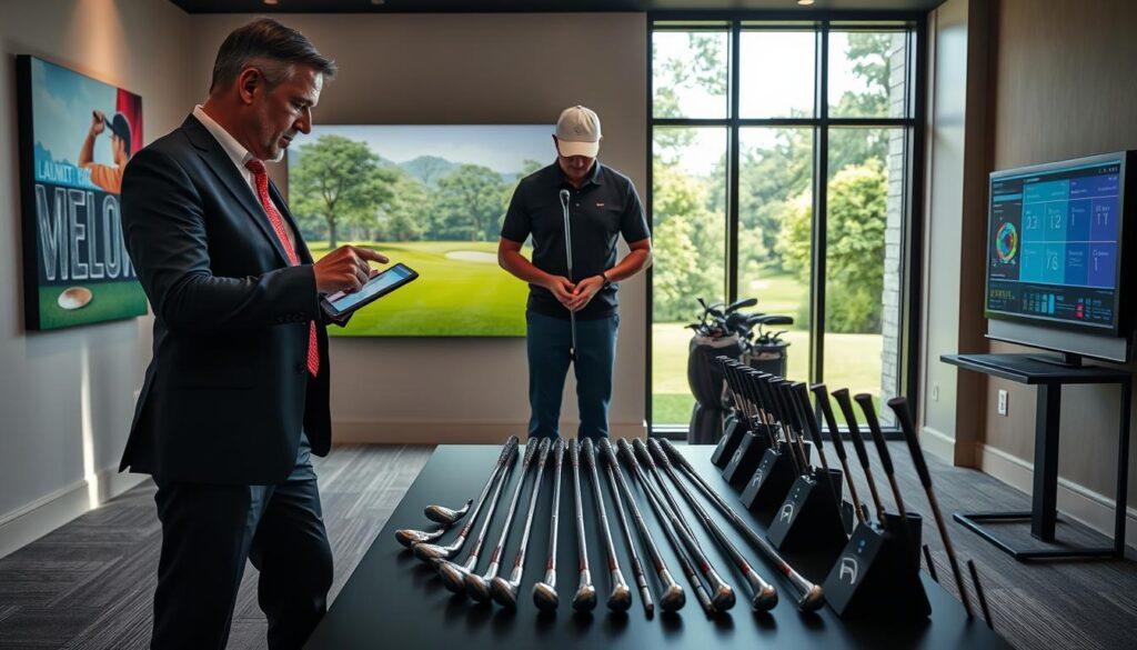 A private golf club fitting session inside an elegantly designed indoor golf studio. In the foreground, a knowledgeable golf club fitter, dressed in professional business attire, is attentively examining high-tech data on a tablet while standing beside a golfer. The golfer, also in smart casual clothing, is poised, holding a golf club. In the middle ground, a selection of premium golf clubs is displayed on a sleek black table, with state-of-the-art launch monitors flashing data screens behind them. The background features vivid, motivational golf-themed artwork and lush greenery visible through large windows, flooded with soft, natural light. The atmosphere is focused and professional, conveying depth and precision in the fitting process. A private golf club fitting session inside an elegantly designed indoor golf studio. In the foreground, a knowledgeable golf club fitter, dressed in professional business attire, is attentively examining high-tech data on a tablet while standing beside a golfer. The golfer, also in smart casual clothing, is poised, holding a golf club. In the middle ground, a selection of premium golf clubs is displayed on a sleek black table, with state-of-the-art launch monitors flashing data screens behind them. The background features vivid, motivational golf-themed artwork and lush greenery visible through large windows, flooded with soft, natural light. The atmosphere is focused and professional, conveying depth and precision in the fitting process.