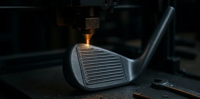 Cobra 3D Printed Irons on a fitting bench with shafts and lie tape nearby