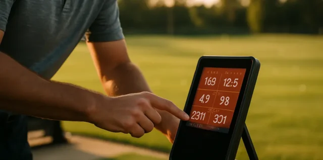 Golfer using a BYO Launch Monitor beside clubs on a practice range