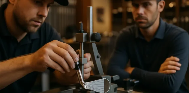 Custom fitting pricing discussion with irons, shafts, and launch monitor data in a fitting bay