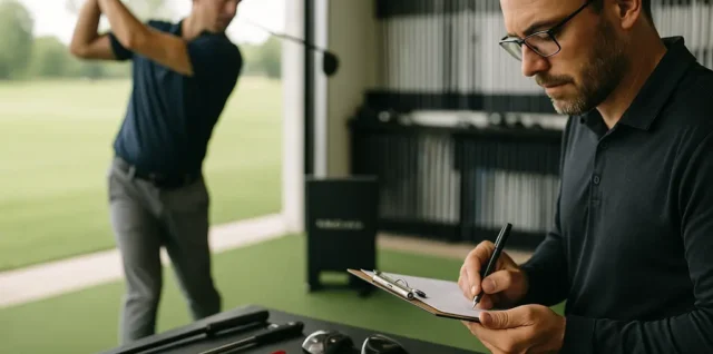 Fitter reviewing driver forgiveness data with a golfer beside a launch monitor