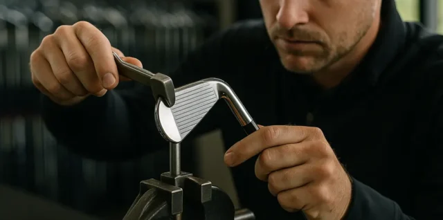 equipment changes shown through irons, wedges, and a putter on a fitting bench