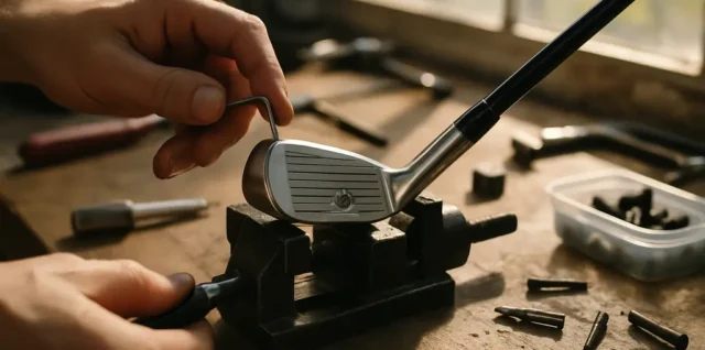 Equipment upgrades being compared during an indoor golf club fitting